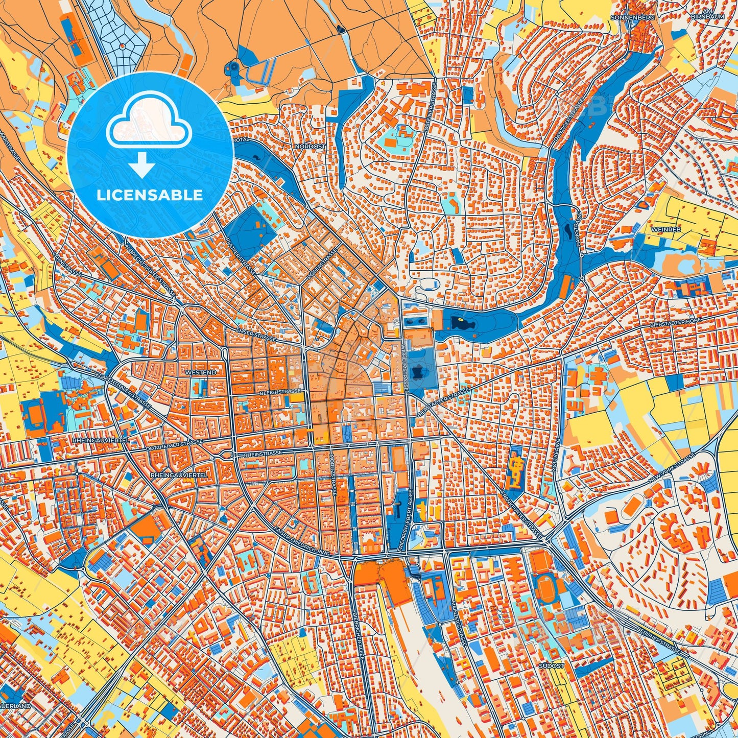 Colorful Wiesbaden Street Map with Labels and Buildings