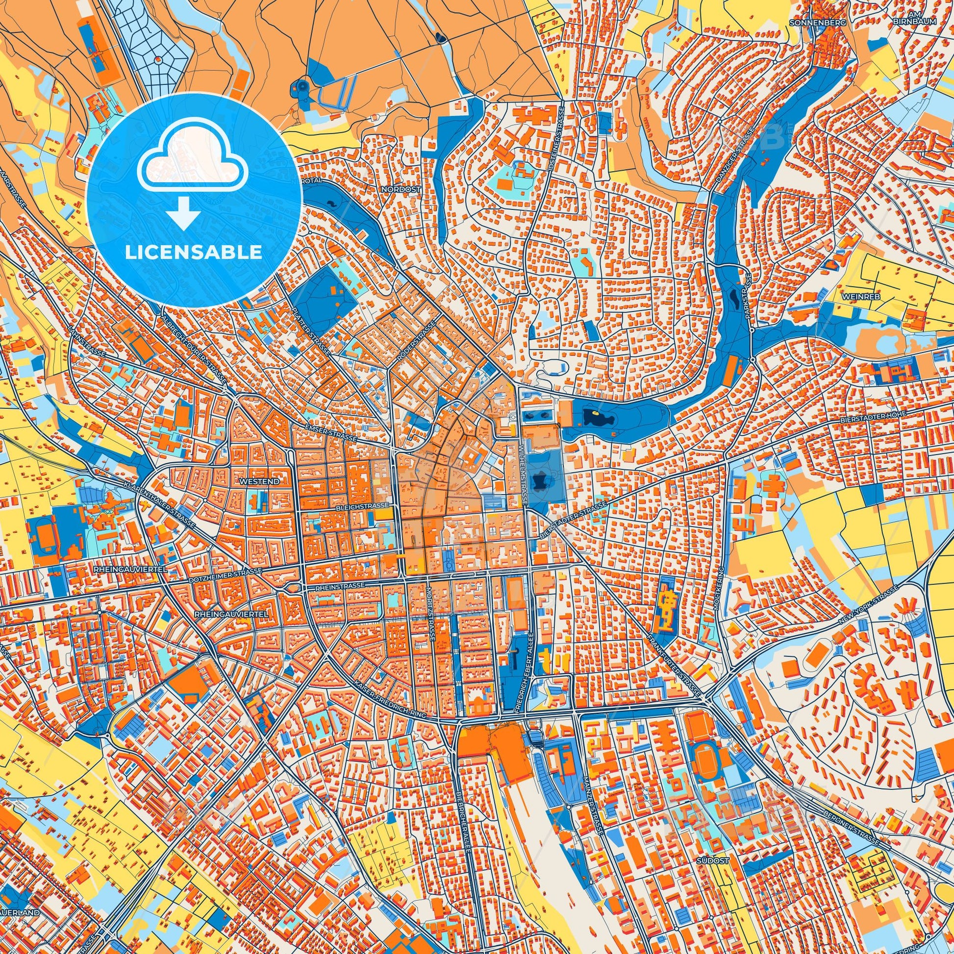 Colorful Wiesbaden Street Map with Labels and Buildings