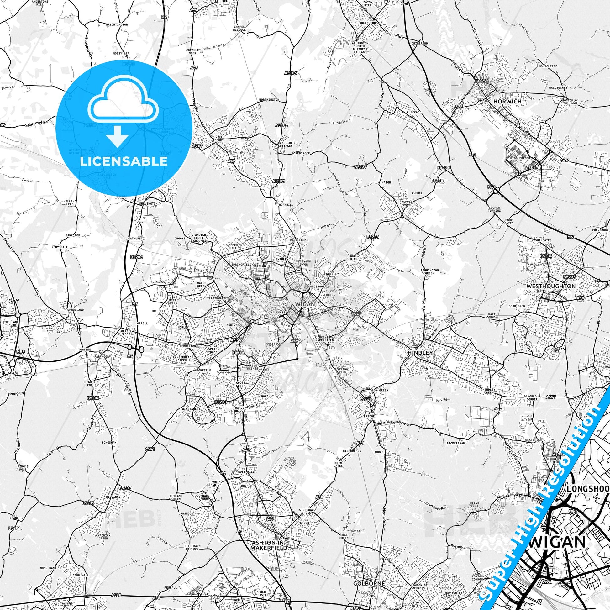 Wigan, England light map with streetnames, citynames and districts