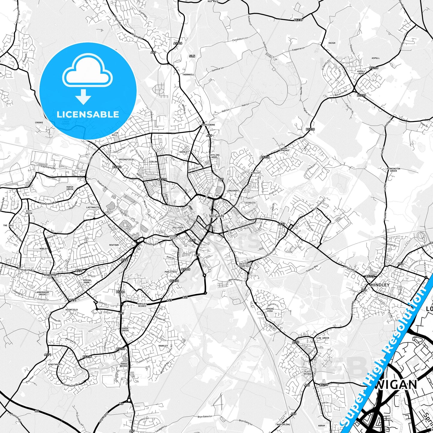 Wigan, England Light Map with Street Names, City Names, and Districts