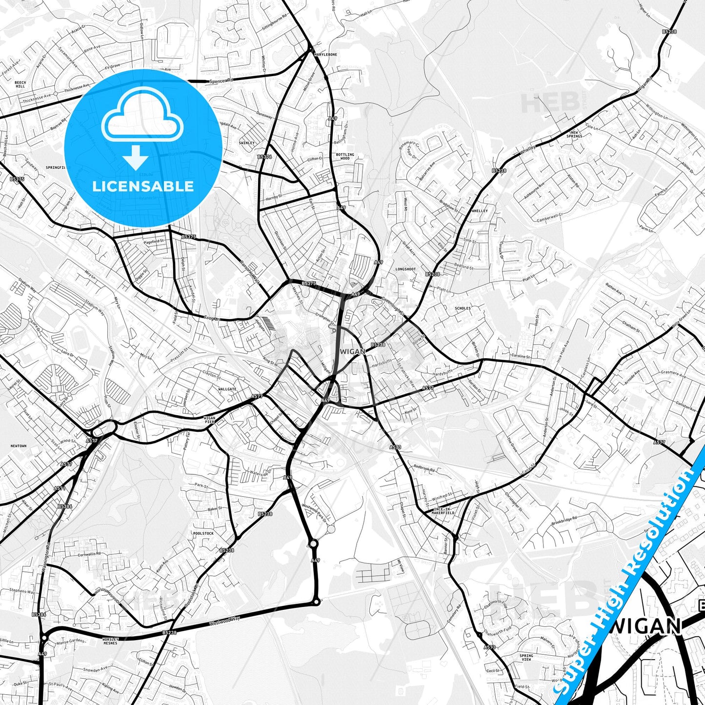 Wigan, England Light Map with Street Names, City Names, and Districts