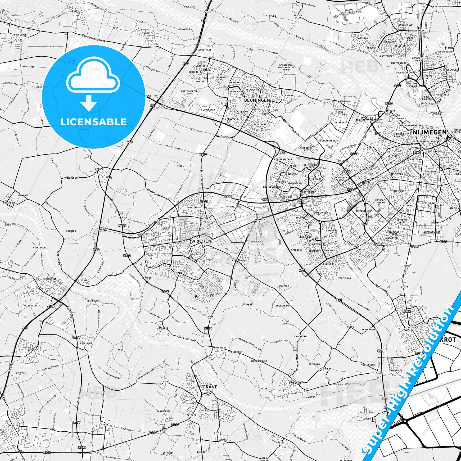 Wijchen, Netherlands light map with streetnames, citynames and districts