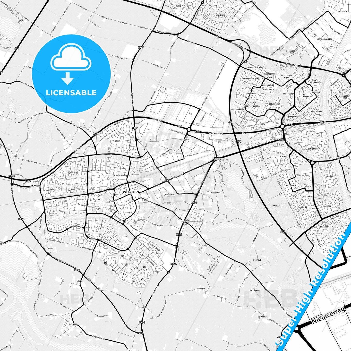 Wijchen, Netherlands Light Map with Street Names, City Names, and Districts