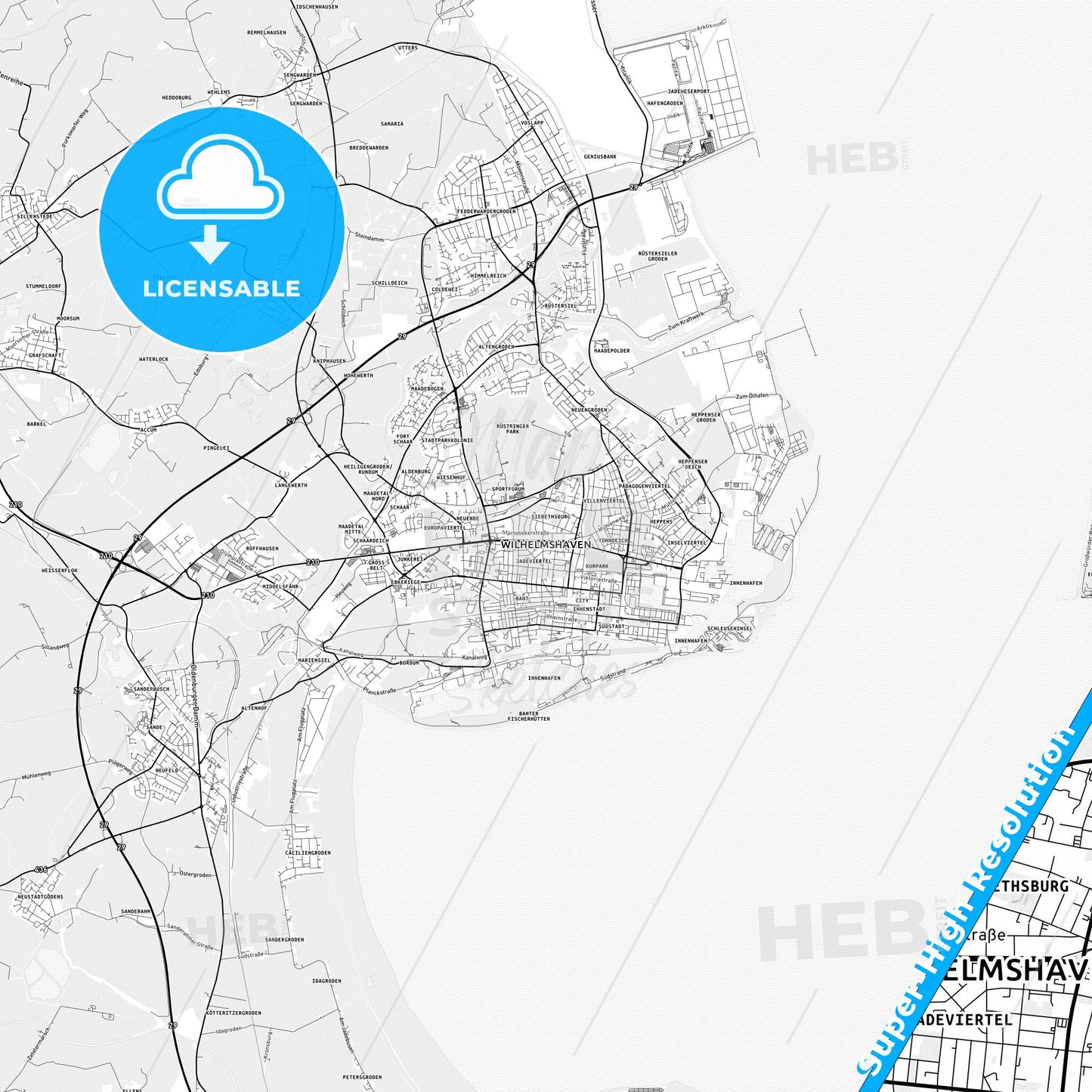 Wilhelmshaven, Germany light map with streetnames, citynames and districts
