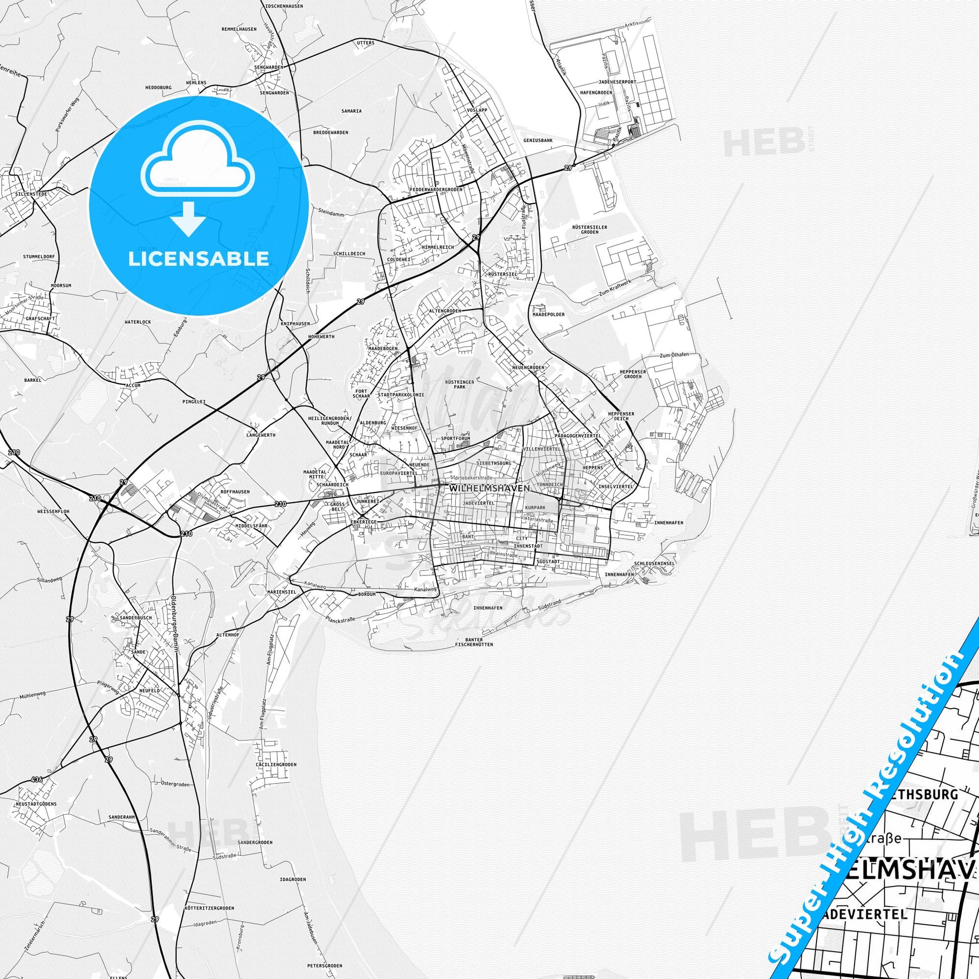 Wilhelmshaven, Germany light map with streetnames, citynames and districts