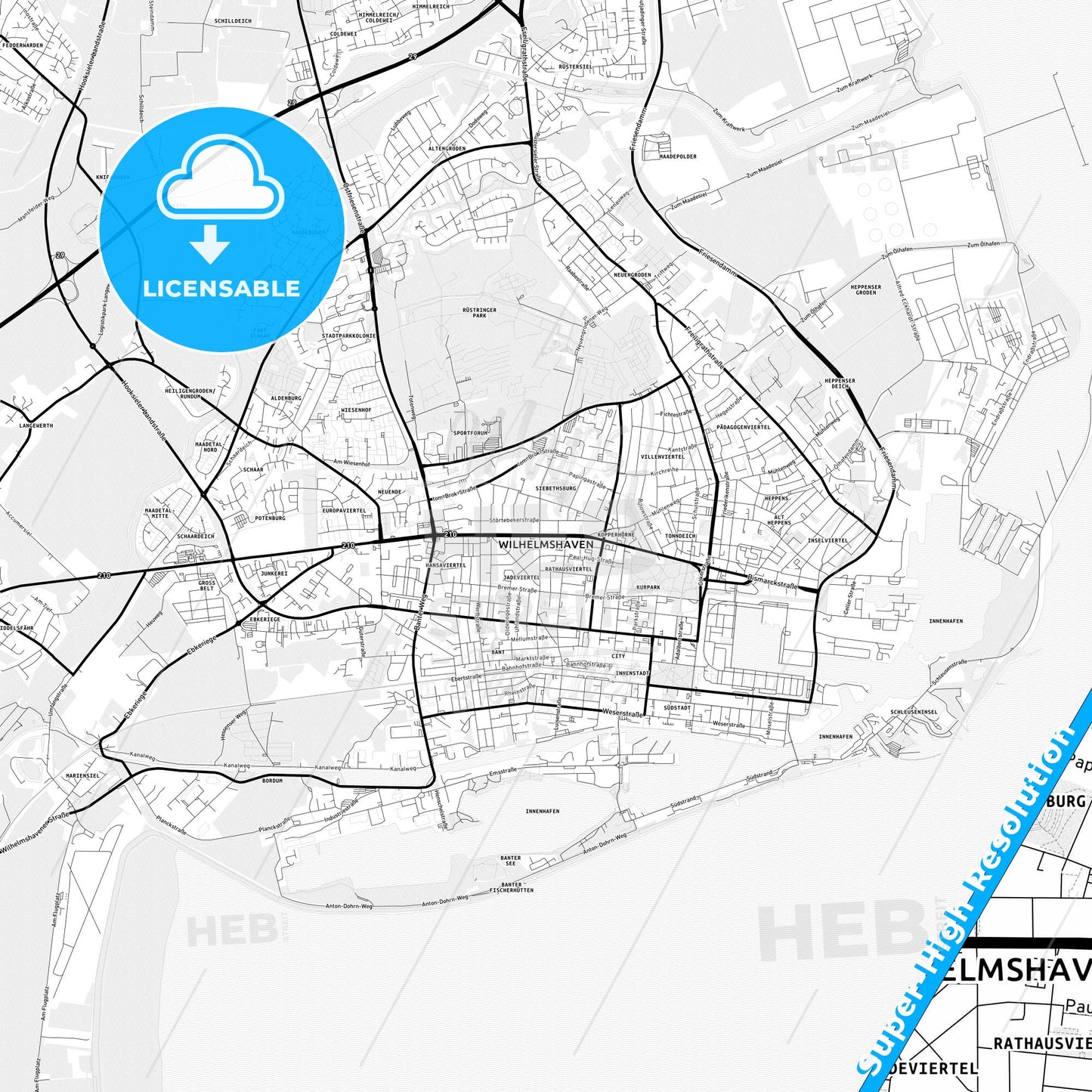 Wilhelmshaven, Germany Light Map with Street Names, City Names, and Districts