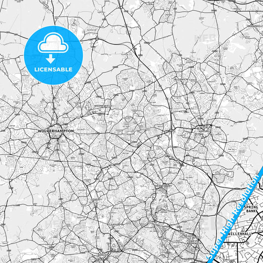 Willenhall, England light map with streetnames, citynames and districts