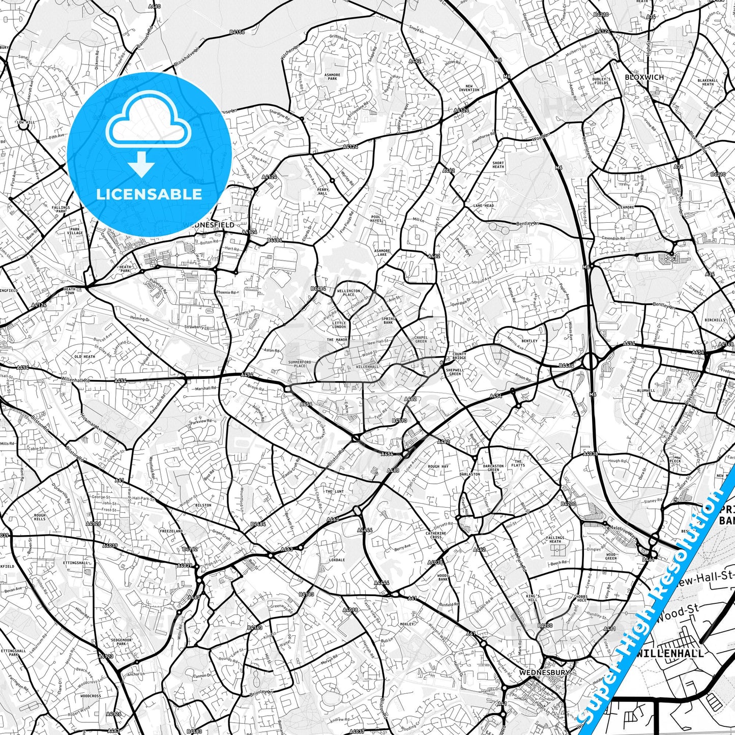 Willenhall, England Light Map with Street Names, City Names, and Districts