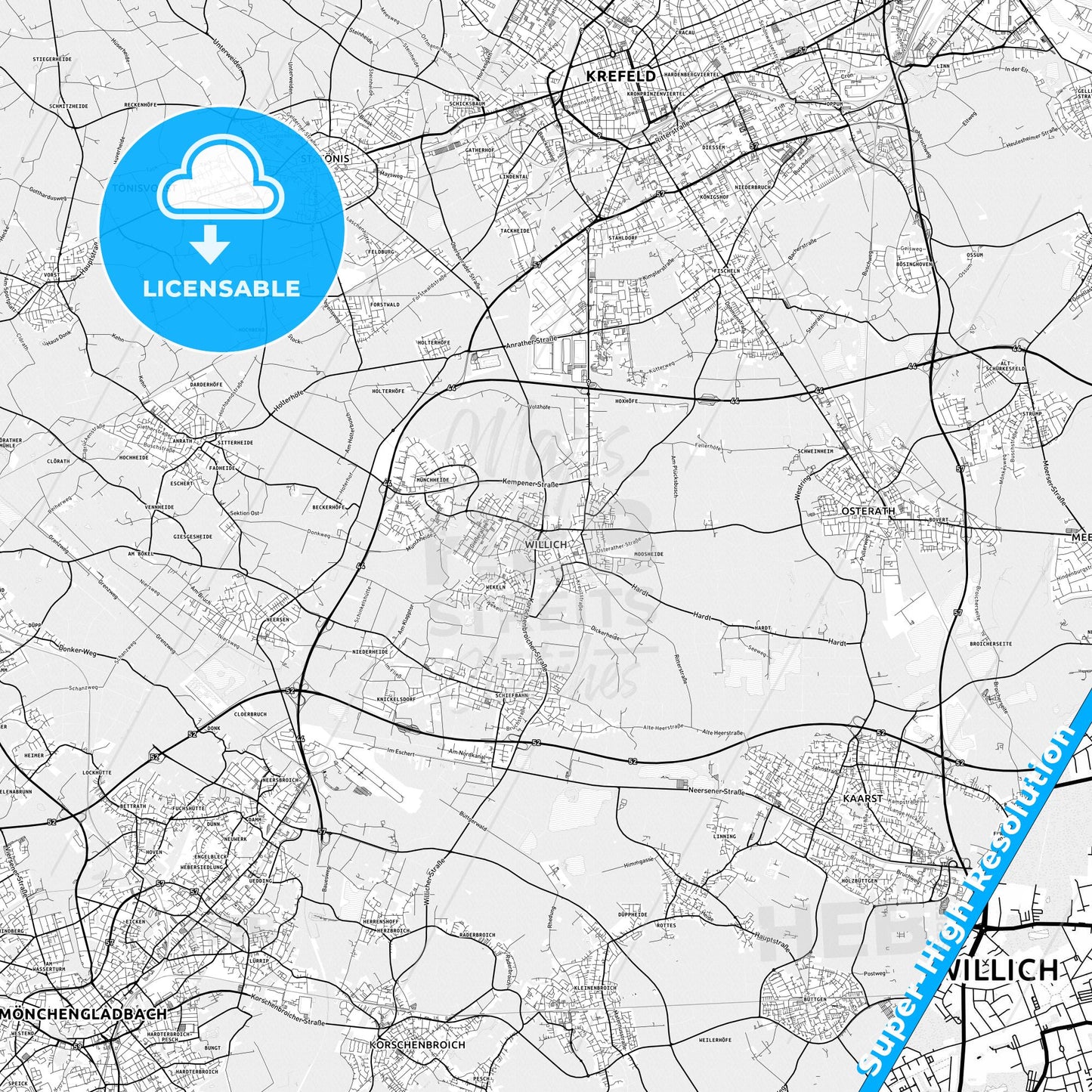 Willich, Germany light map with streetnames, citynames and districts
