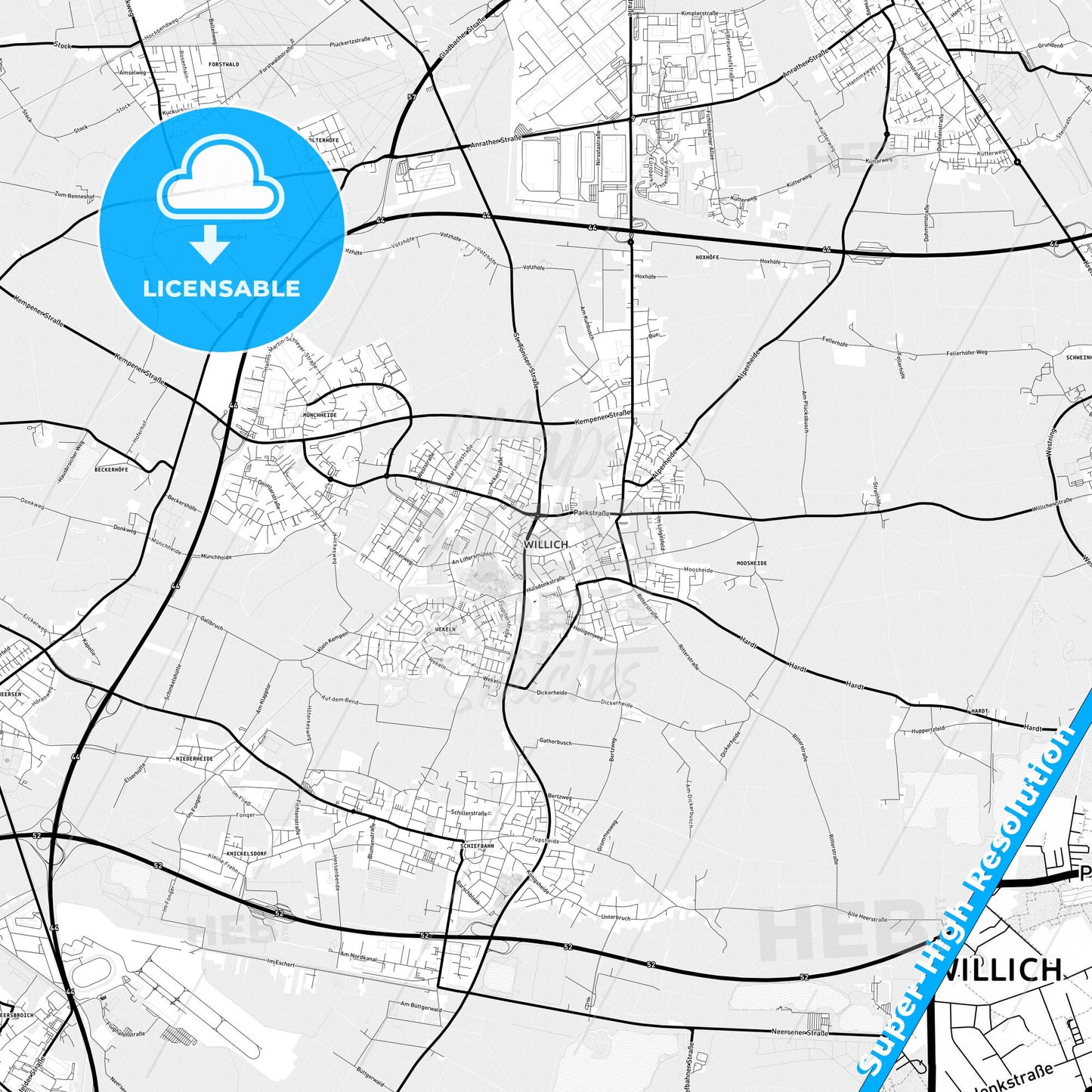 Willich, Germany Light Map with Street Names, City Names, and Districts