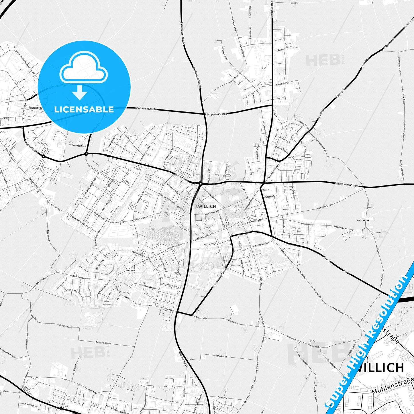 Willich, Germany Light Map with Street Names, City Names, and Districts
