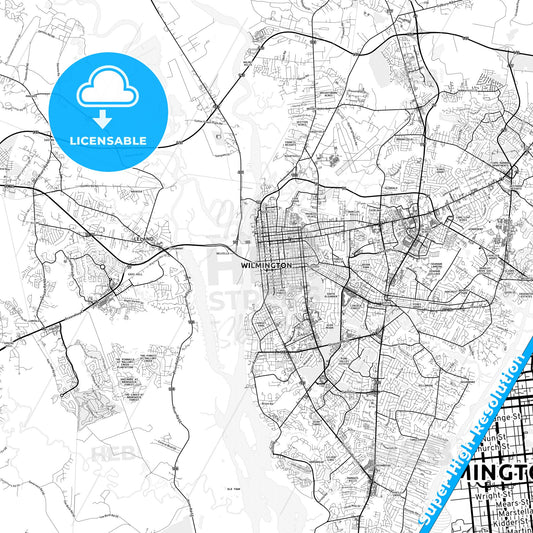 Wilmington, North Carolina light map with streetnames, citynames and districts
