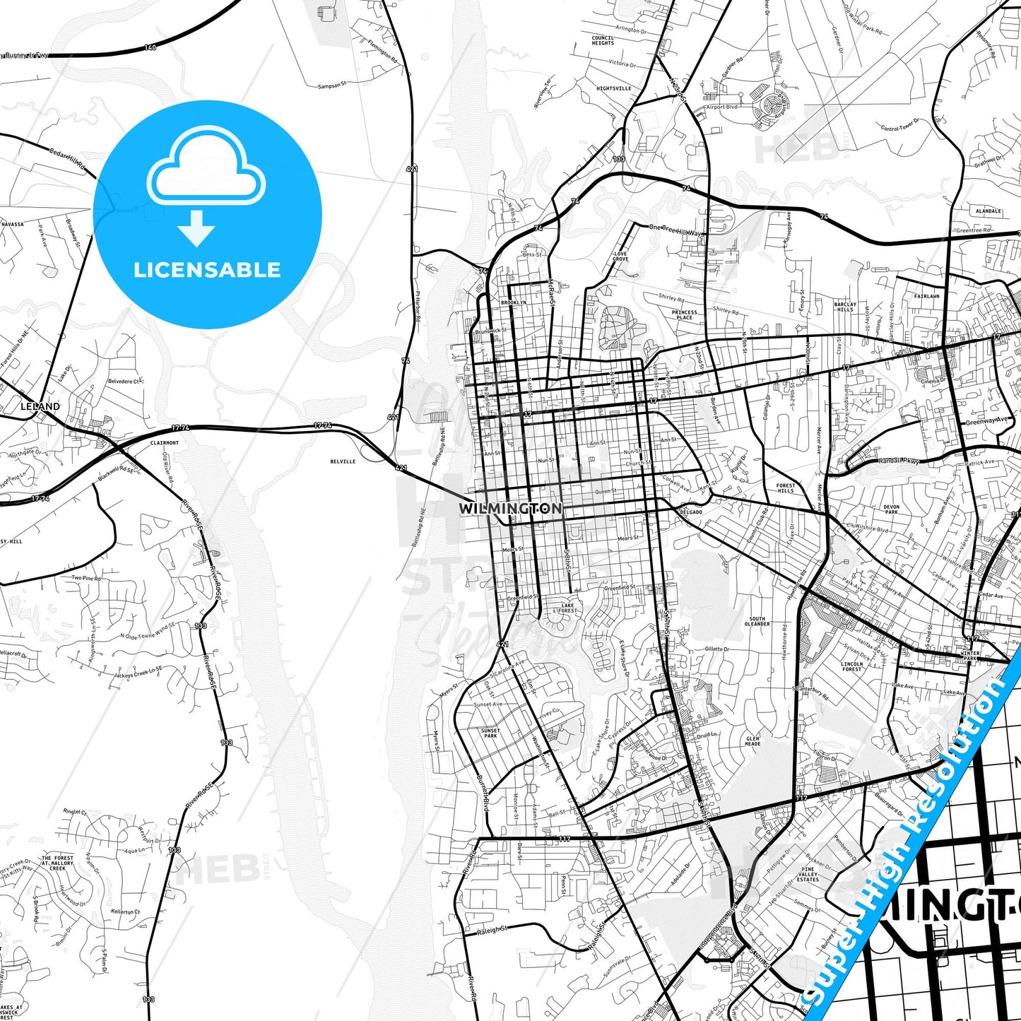 Wilmington, North Carolina Light Map with Street Names, City Names, and Districts