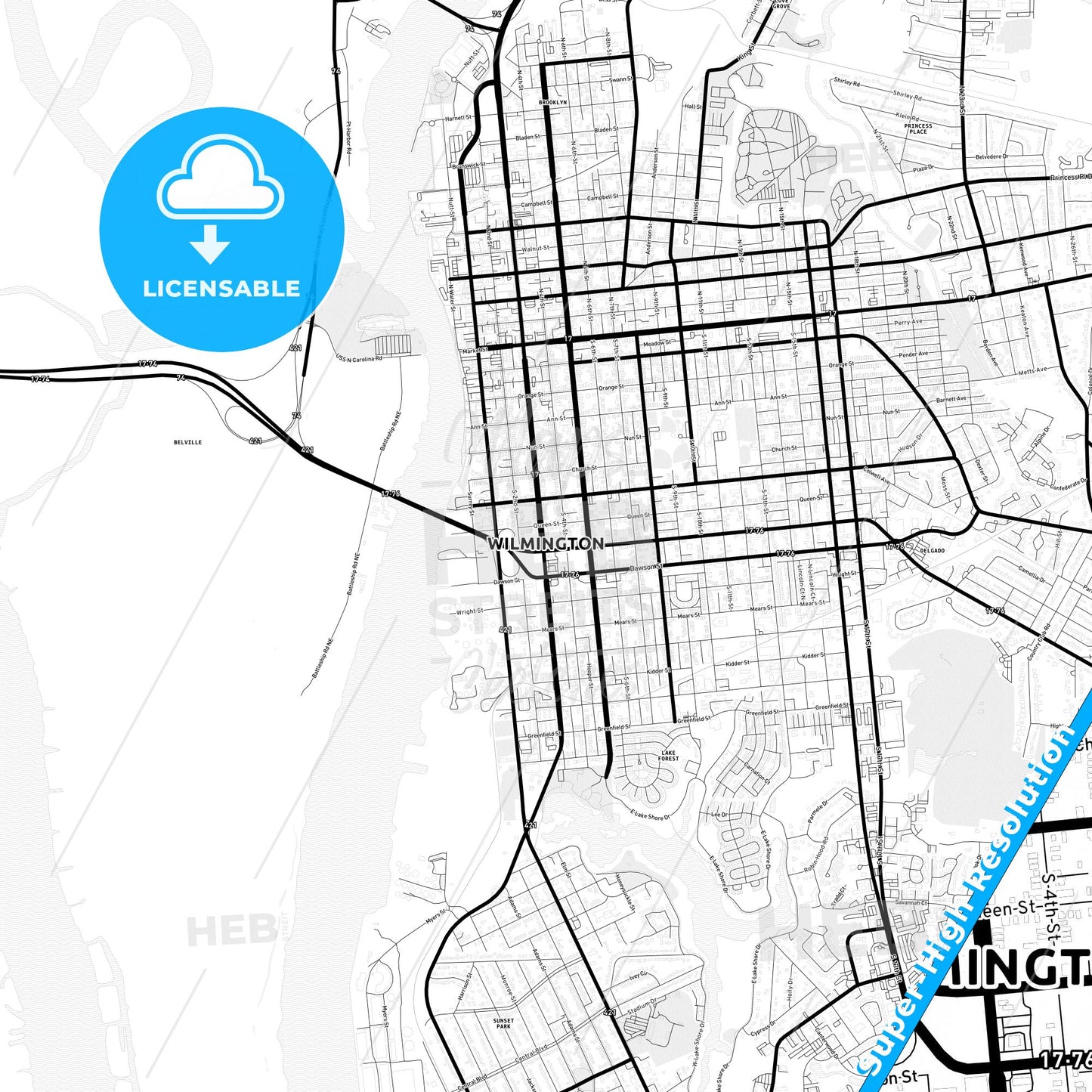 Wilmington, North Carolina Light Map with Street Names, City Names, and Districts