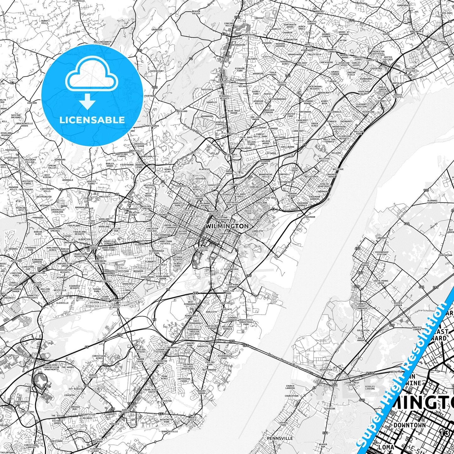 Wilmington, Delaware light map with streetnames, citynames and districts