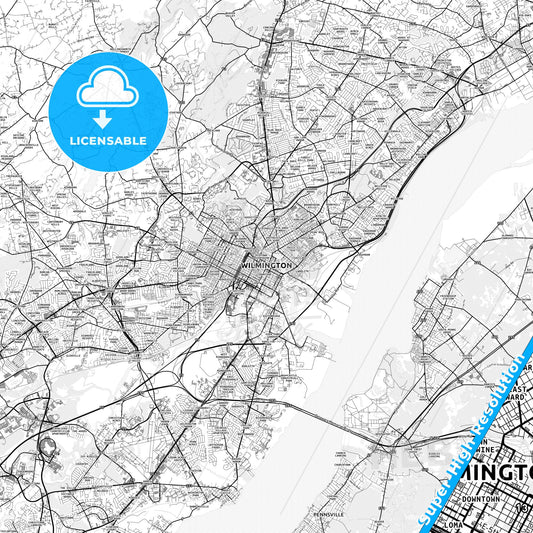 Wilmington, Delaware light map with streetnames, citynames and districts