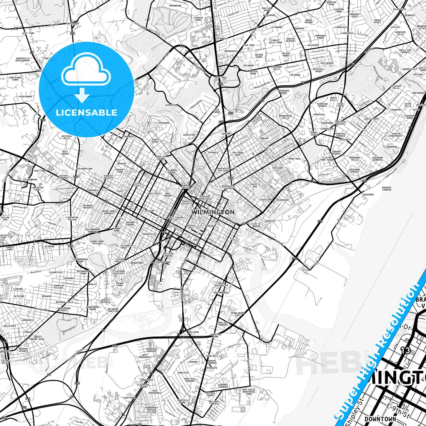 Wilmington, Delaware Light Map with Street Names, City Names, and Districts