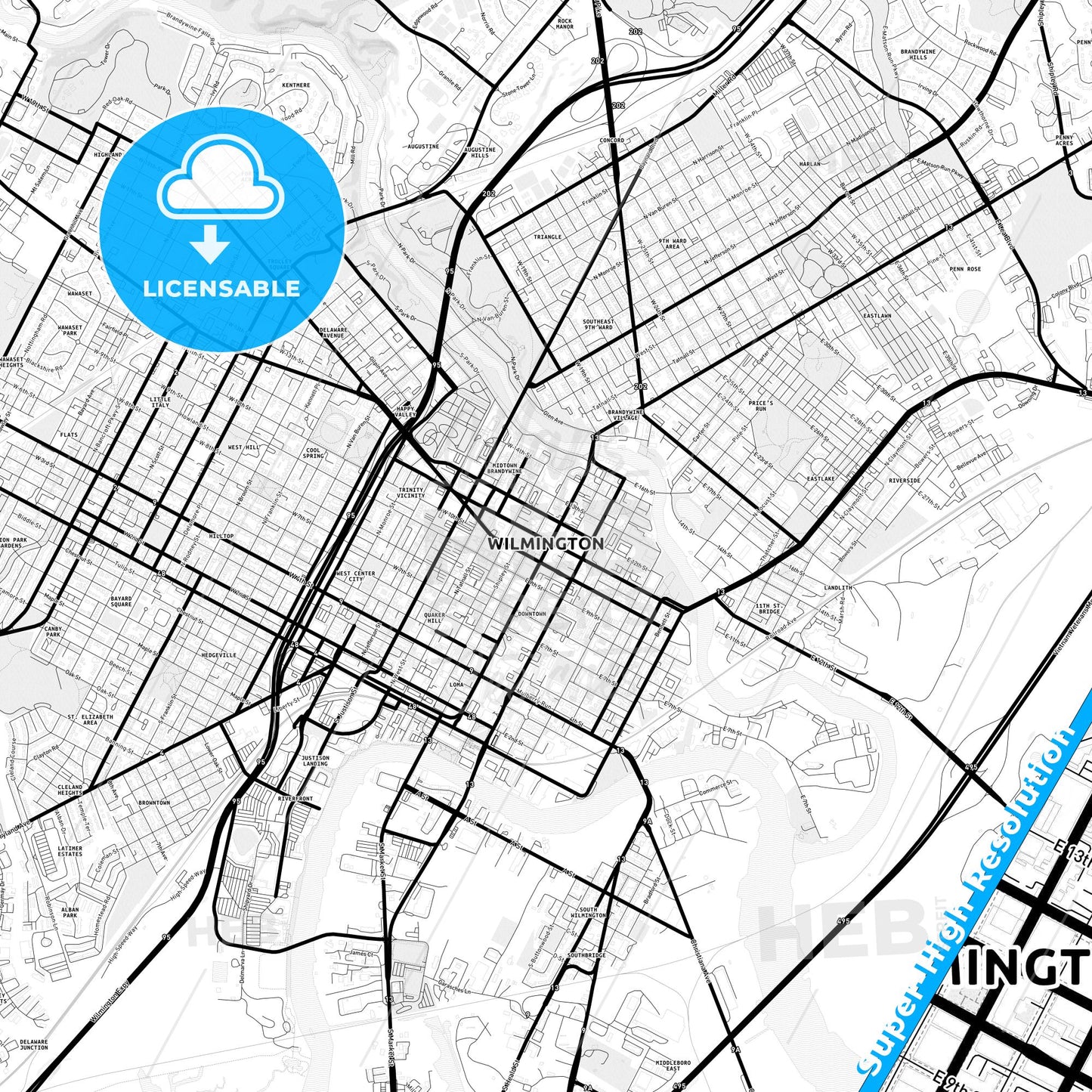 Wilmington, Delaware Light Map with Street Names, City Names, and Districts