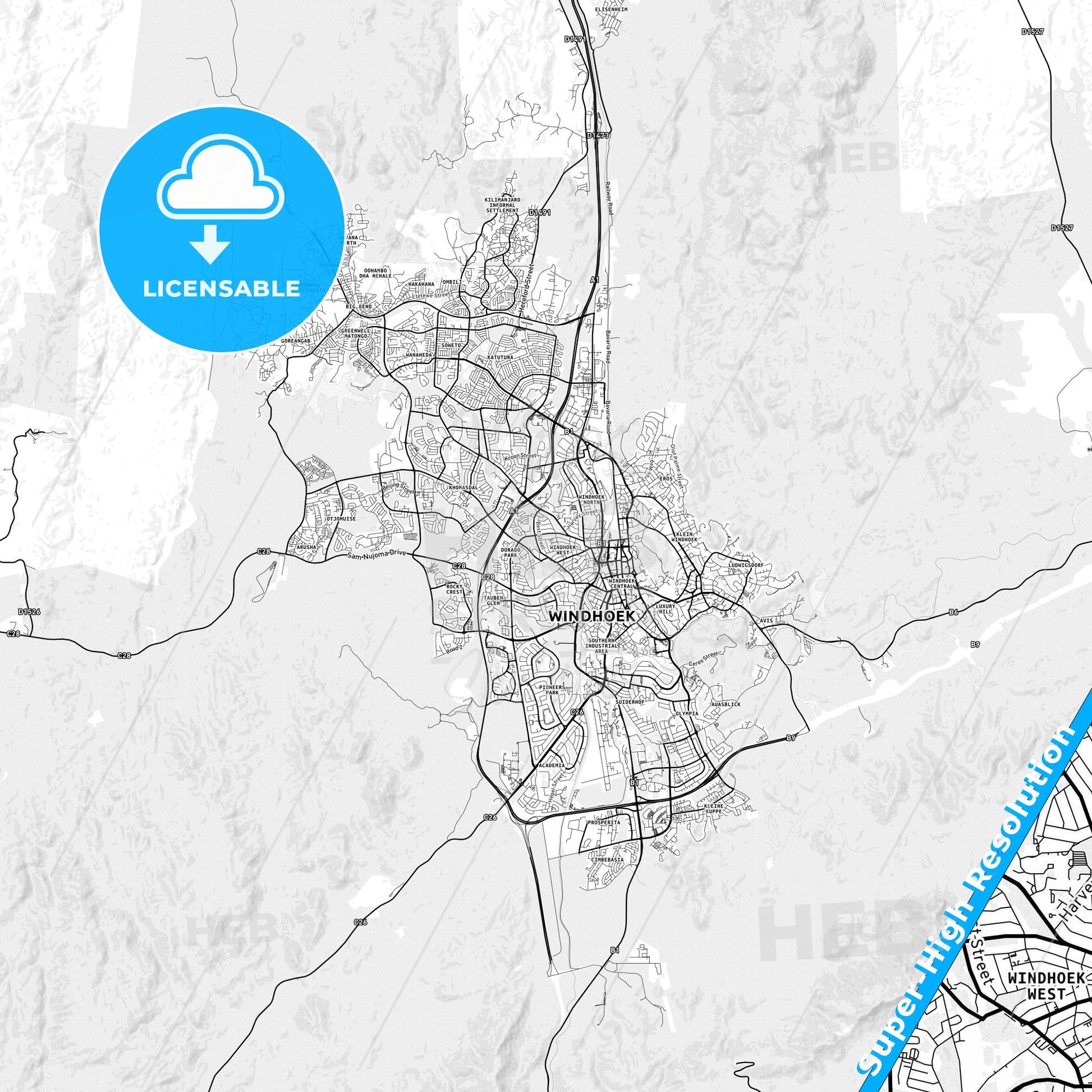 Windhoek, Namibia light map with streetnames, citynames and districts