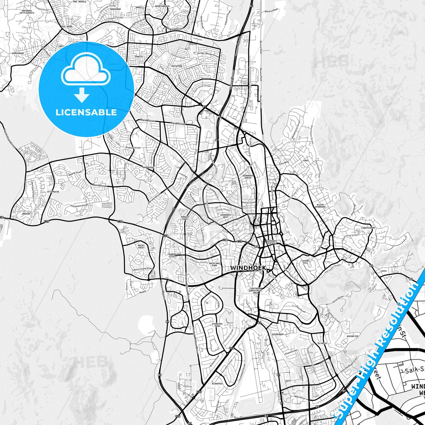 Windhoek, Namibia Light Map with Street Names, City Names, and Districts