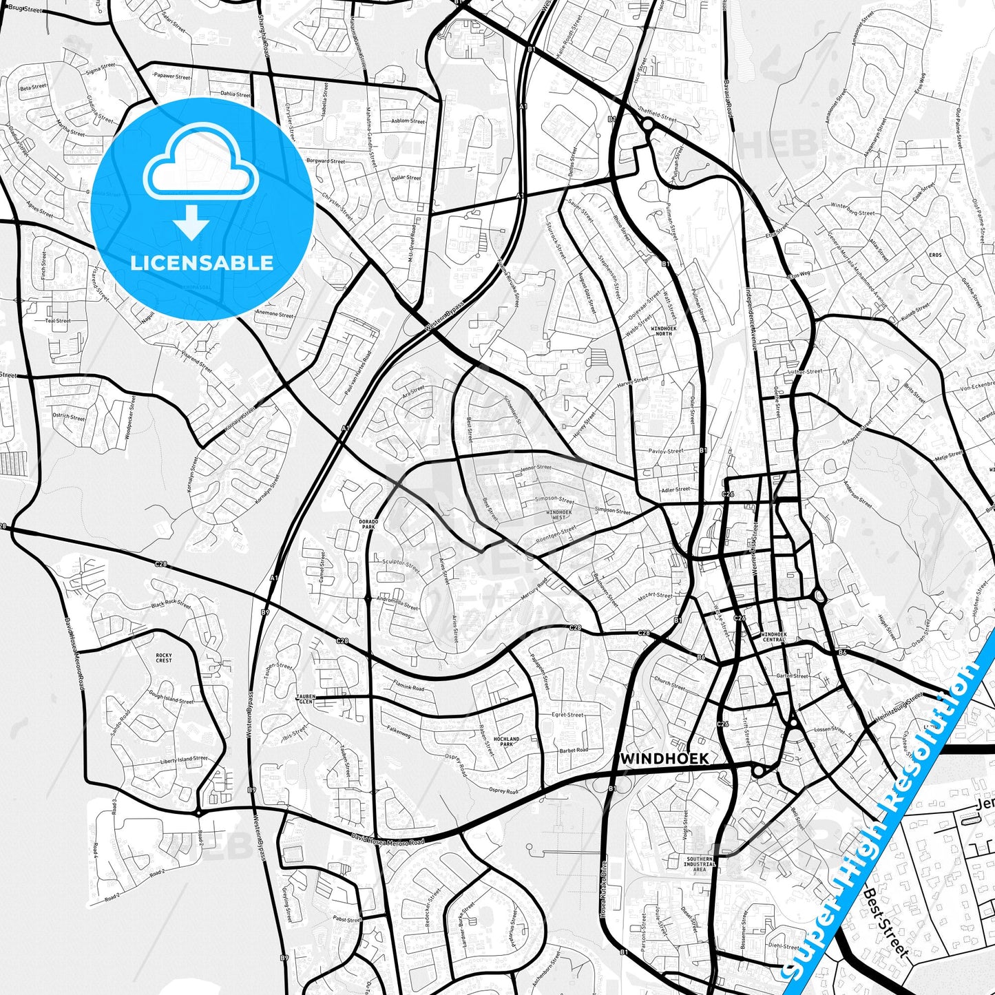 Windhoek, Namibia Light Map with Street Names, City Names, and Districts
