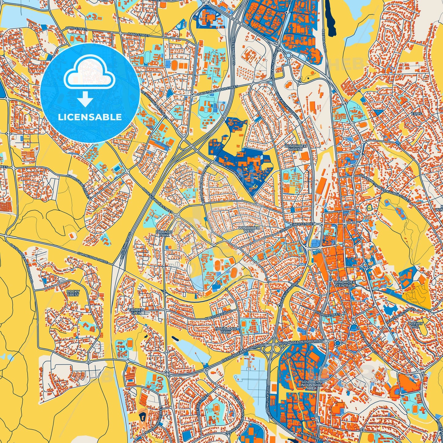 Colorful Windhoek Street Map with Labels and Buildings