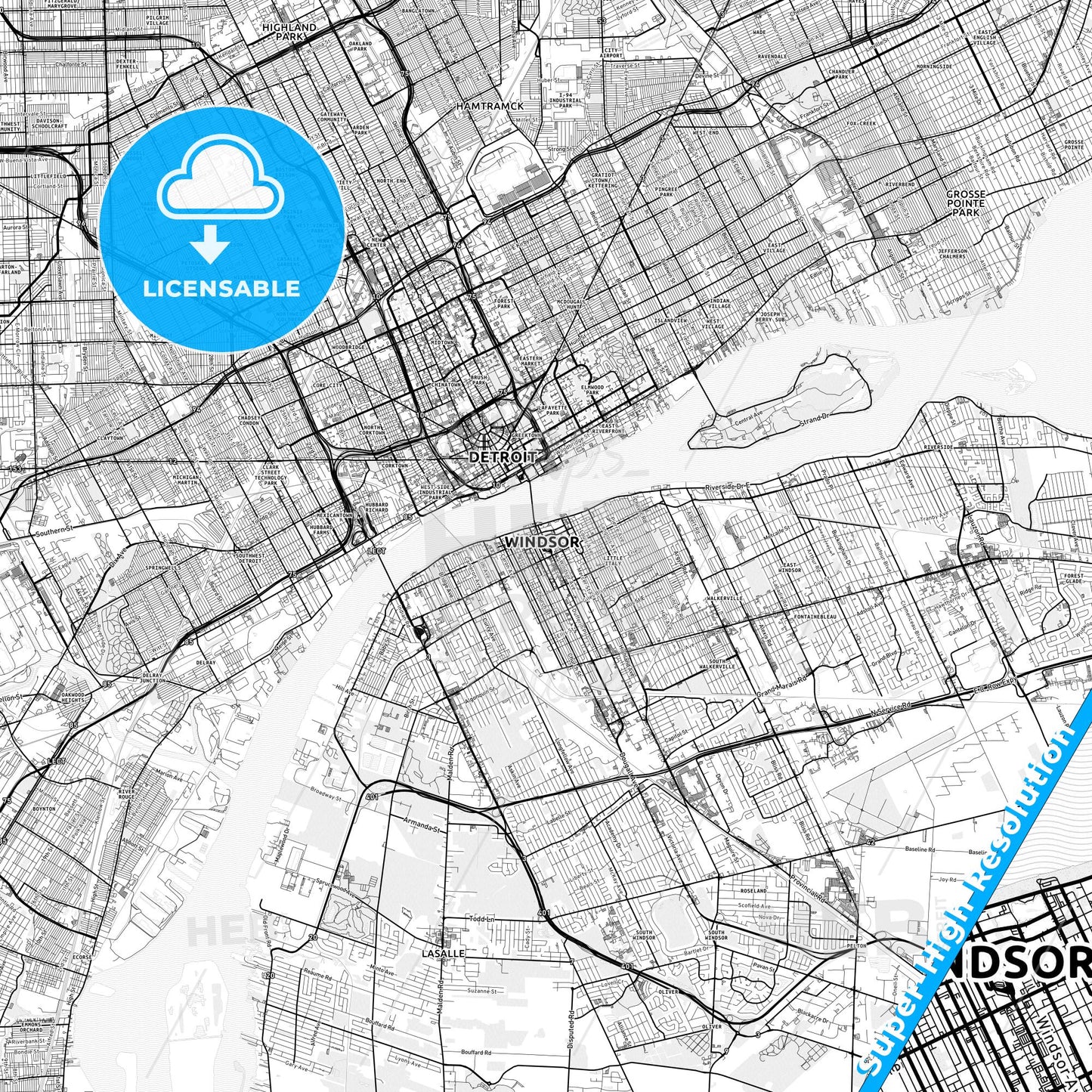 Windsor, Canada light map with streetnames, citynames and districts