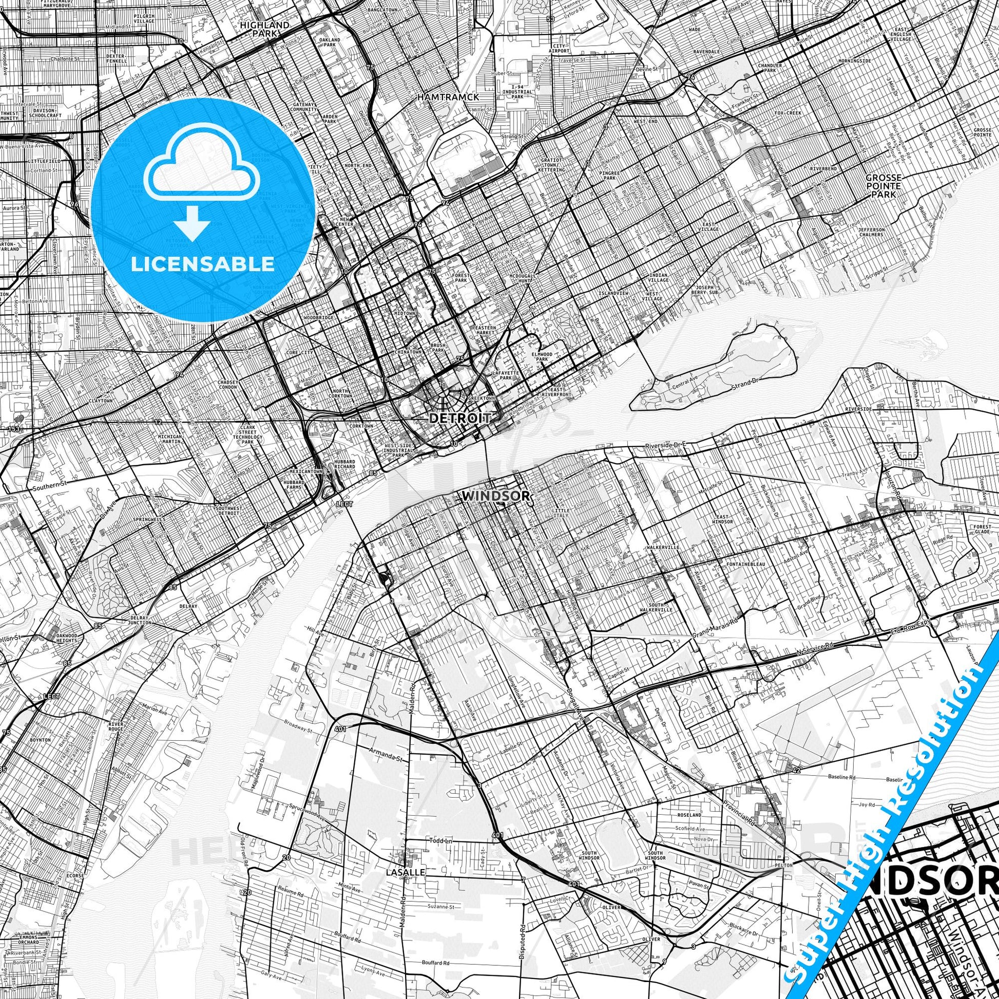 Windsor, Canada light map with streetnames, citynames and districts