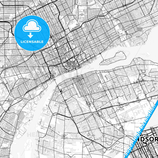 Windsor, Canada light map with streetnames, citynames and districts