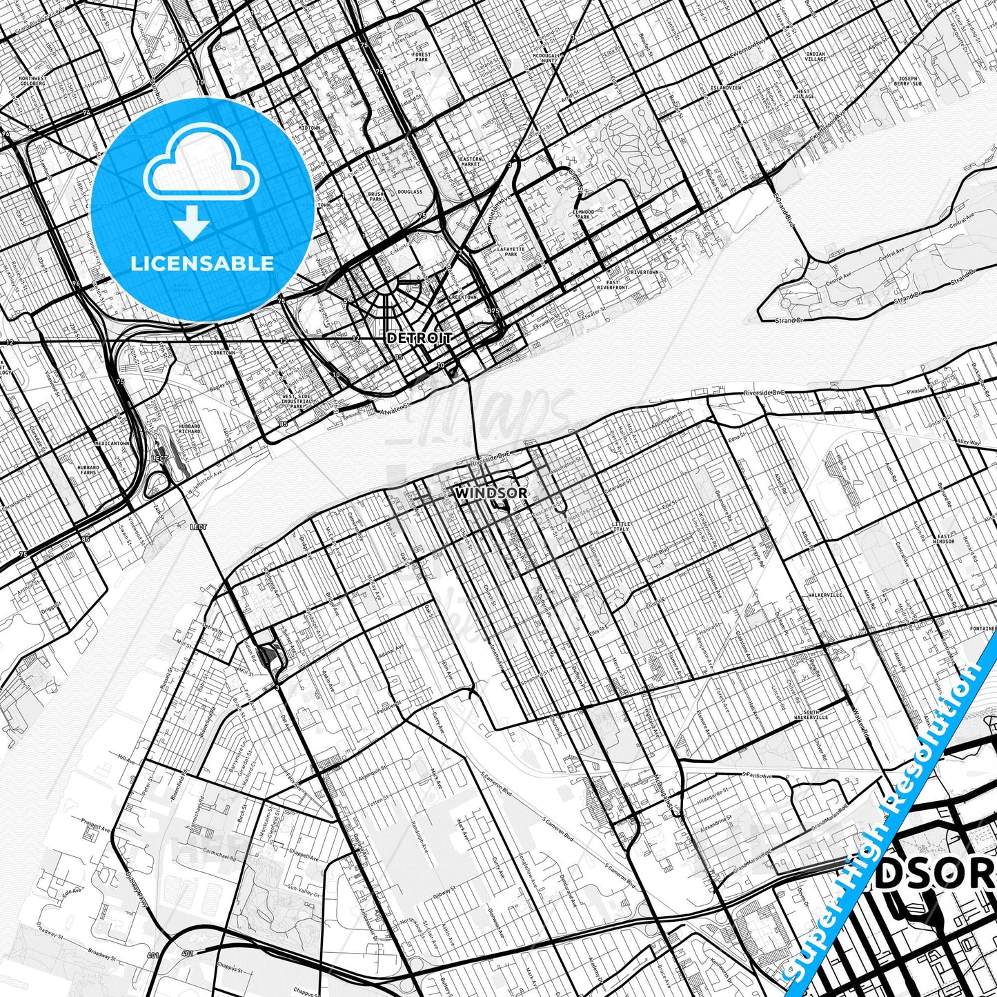 Windsor, Canada Light Map with Street Names, City Names, and Districts