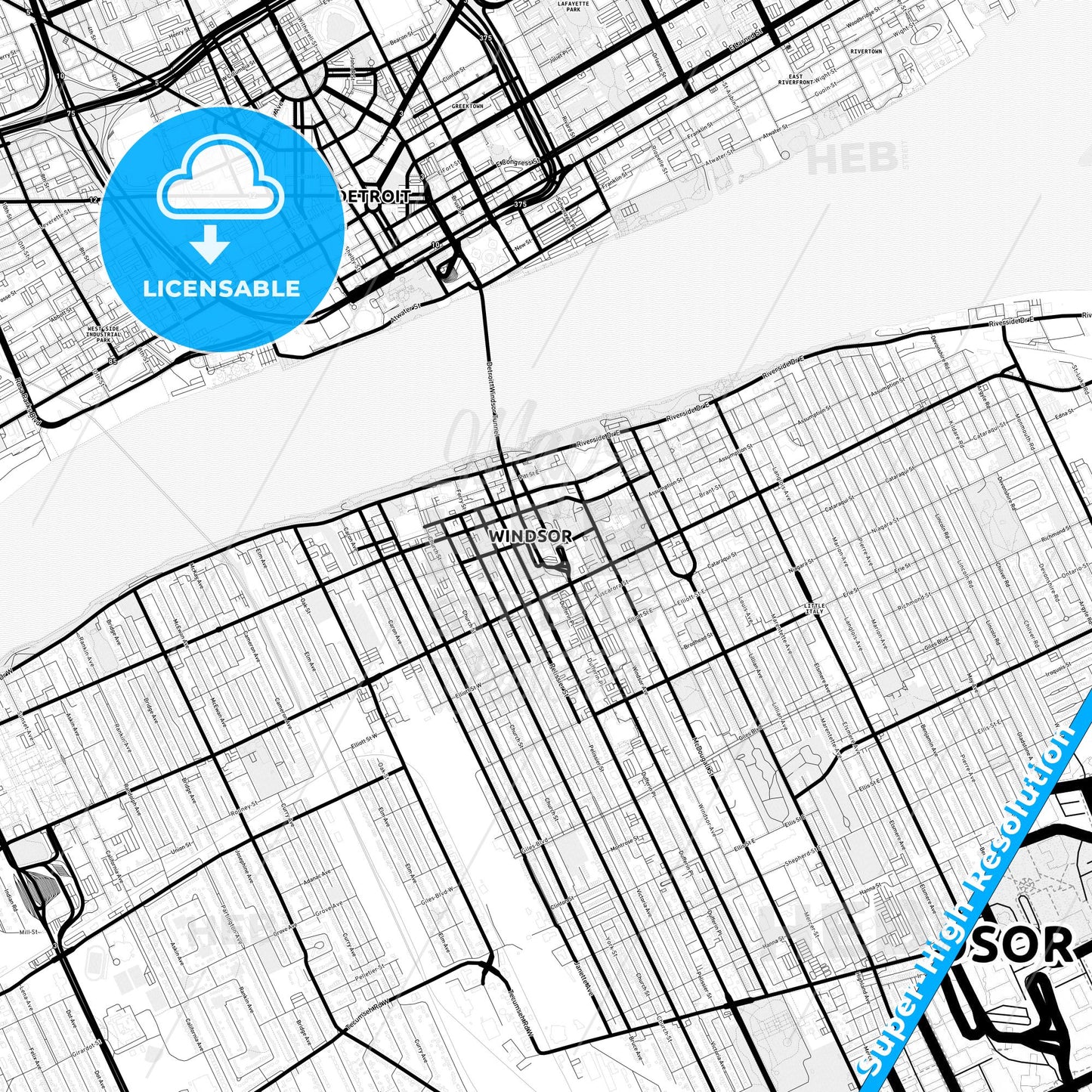 Windsor, Canada Light Map with Street Names, City Names, and Districts