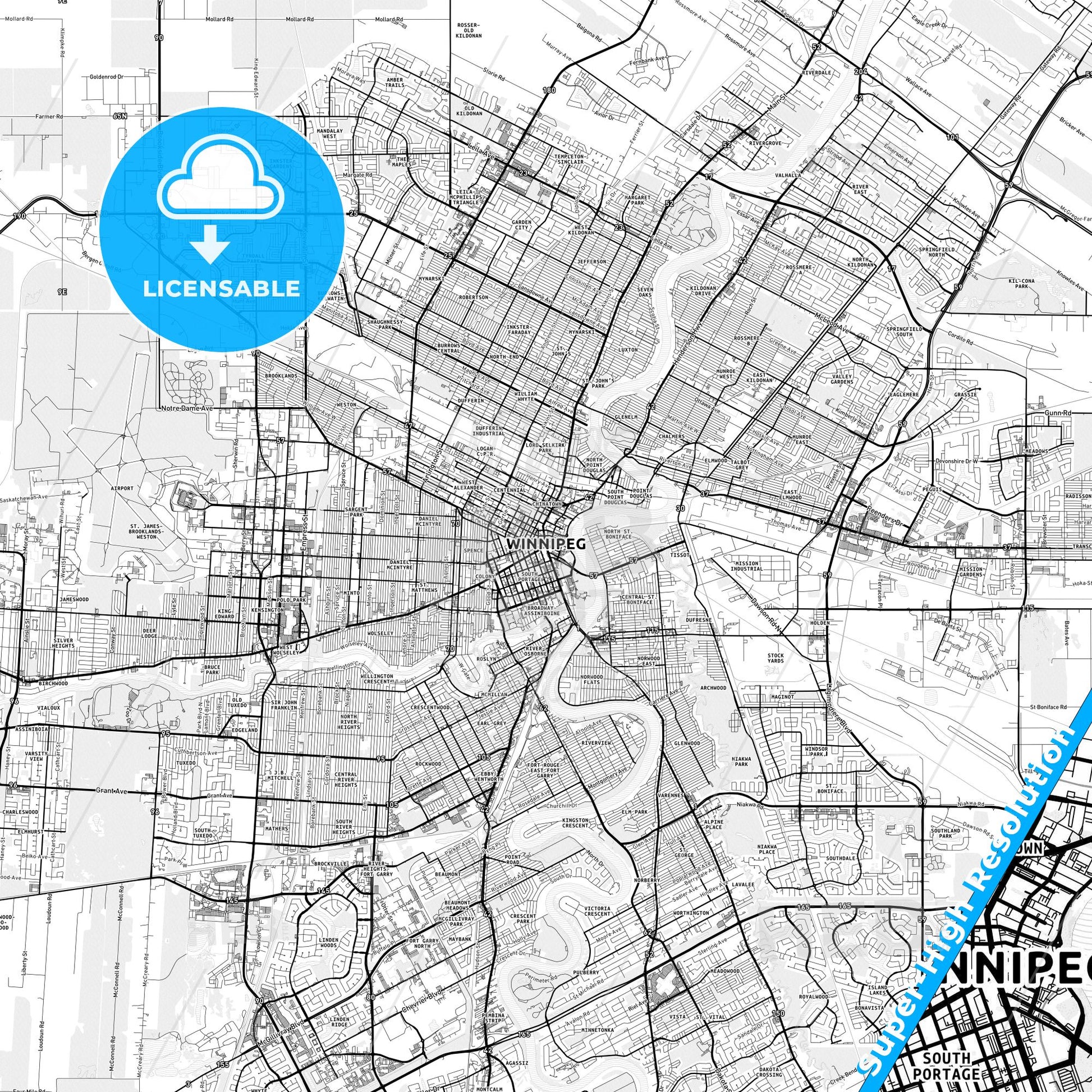 Winnipeg, Canada light map with streetnames, citynames and districts