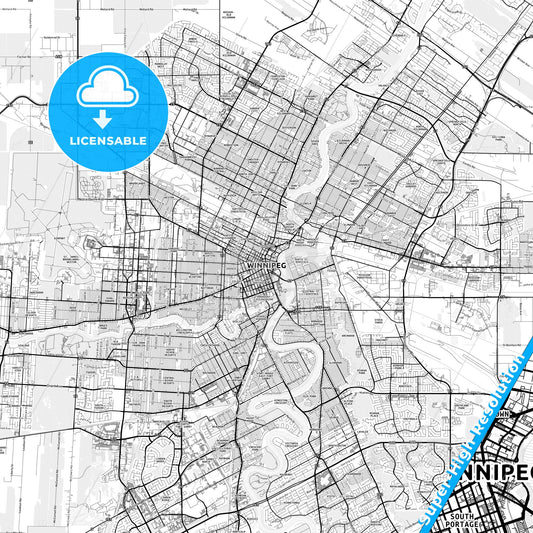 Winnipeg, Canada light map with streetnames, citynames and districts