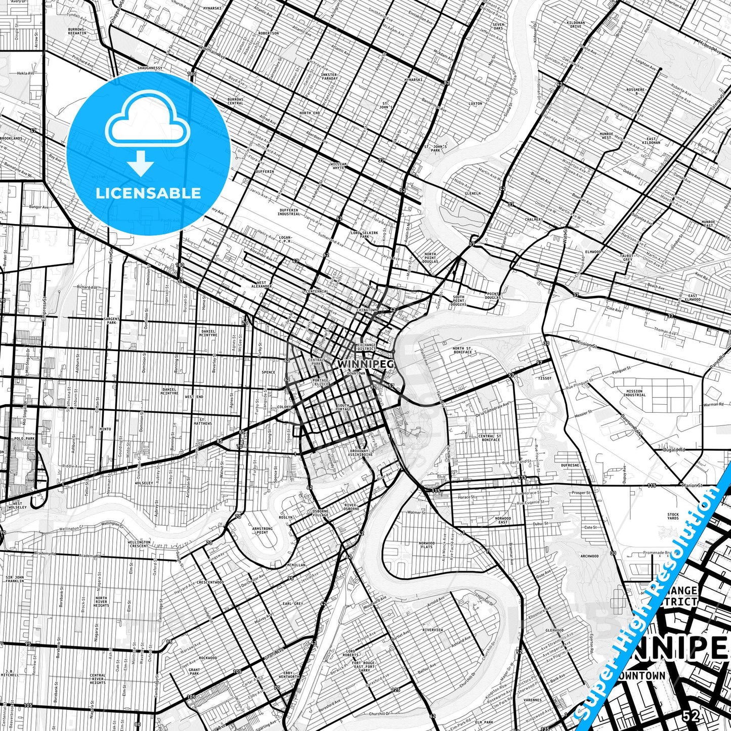 Winnipeg, Canada Light Map with Street Names, City Names, and Districts