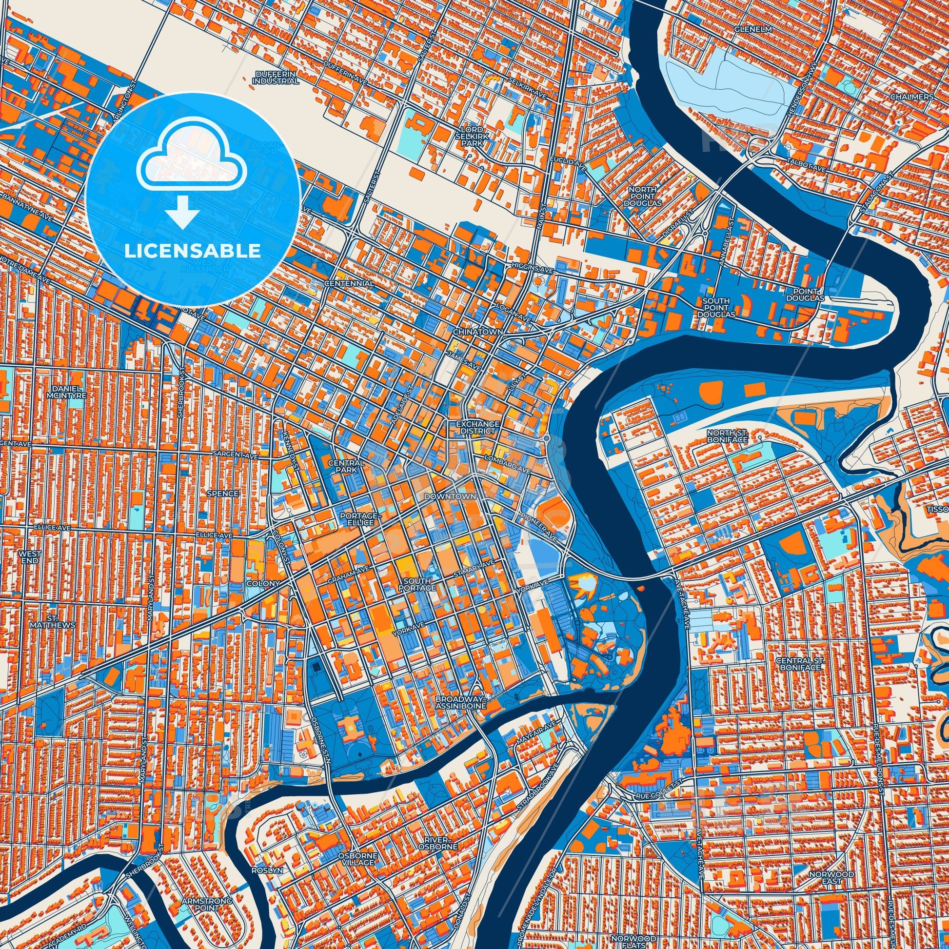 Colorful Winnipeg Street Map with Labels and Buildings