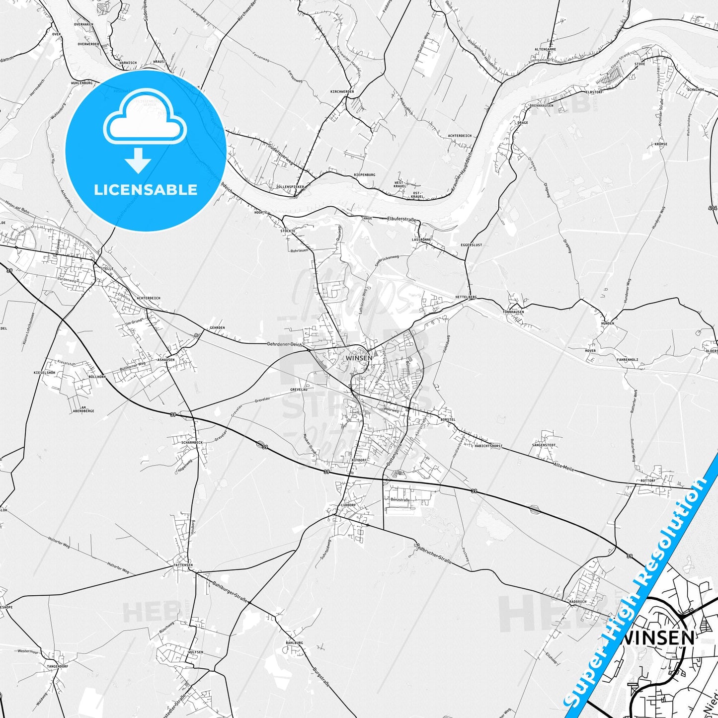 Winsen (Luhe), Germany light map with streetnames, citynames and districts
