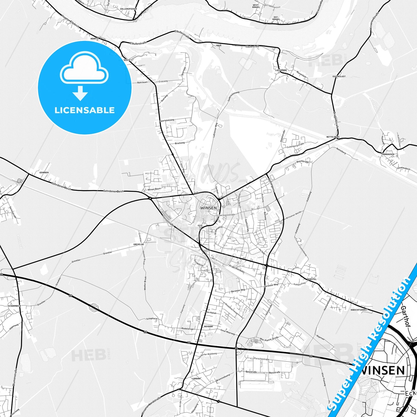 Winsen (Luhe), Germany Light Map with Street Names, City Names, and Districts