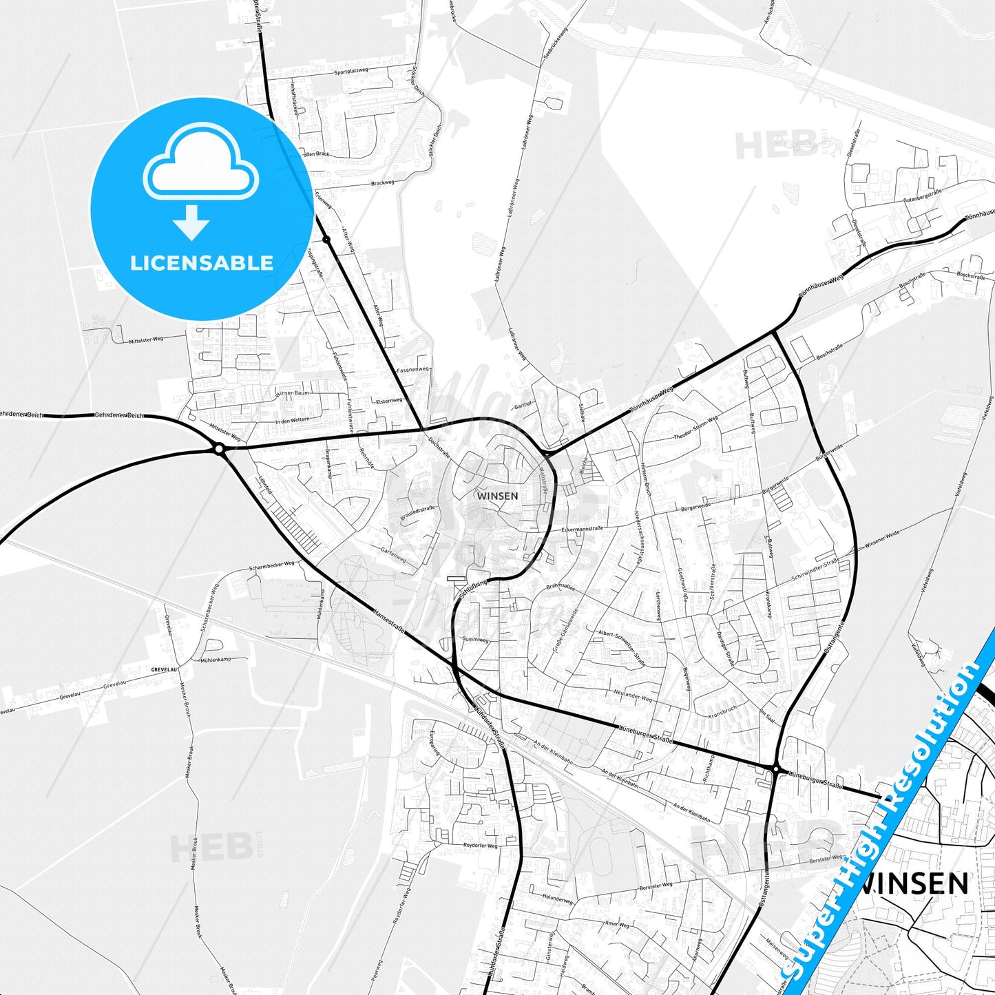 Winsen (Luhe), Germany Light Map with Street Names, City Names, and Districts