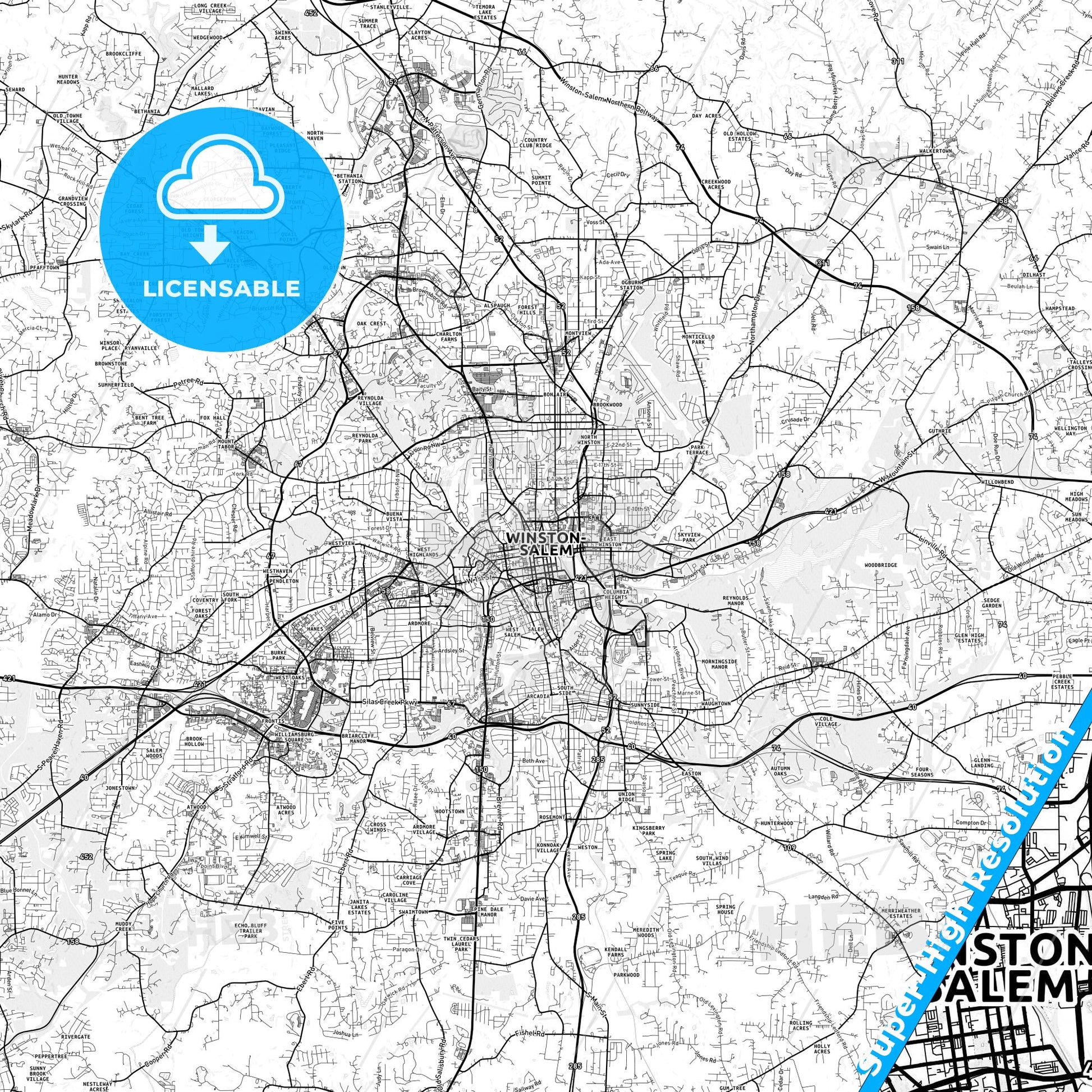 Winston–Salem, North Carolina light map with streetnames, citynames and districts