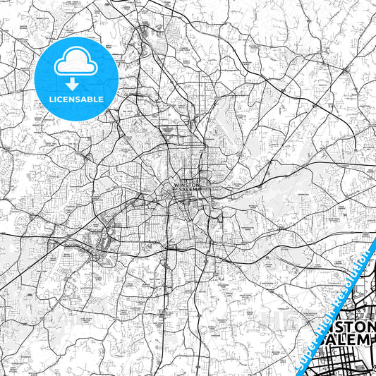 Winston–Salem, North Carolina light map with streetnames, citynames and districts