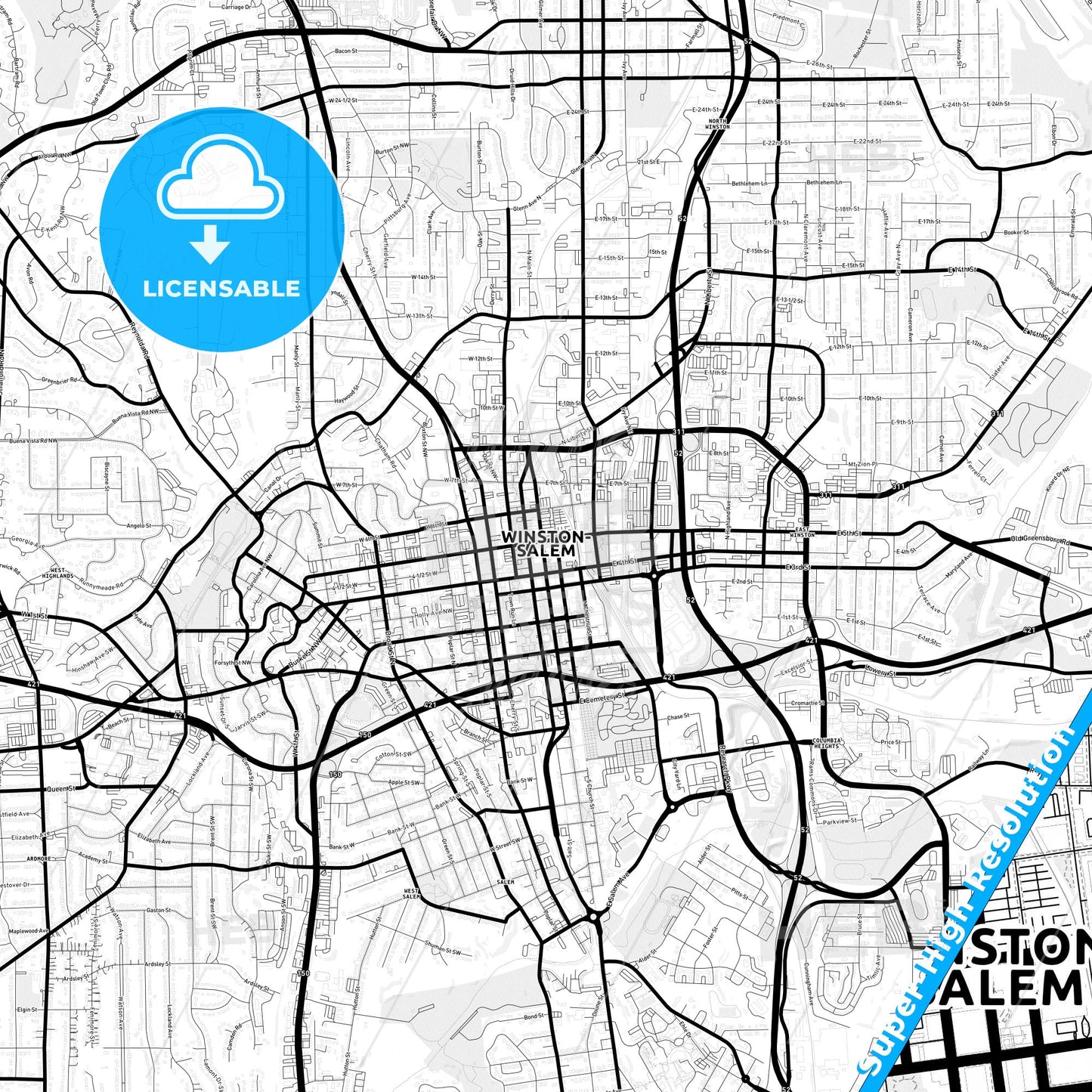 Winston–Salem, North Carolina Light Map with Street Names, City Names, and Districts