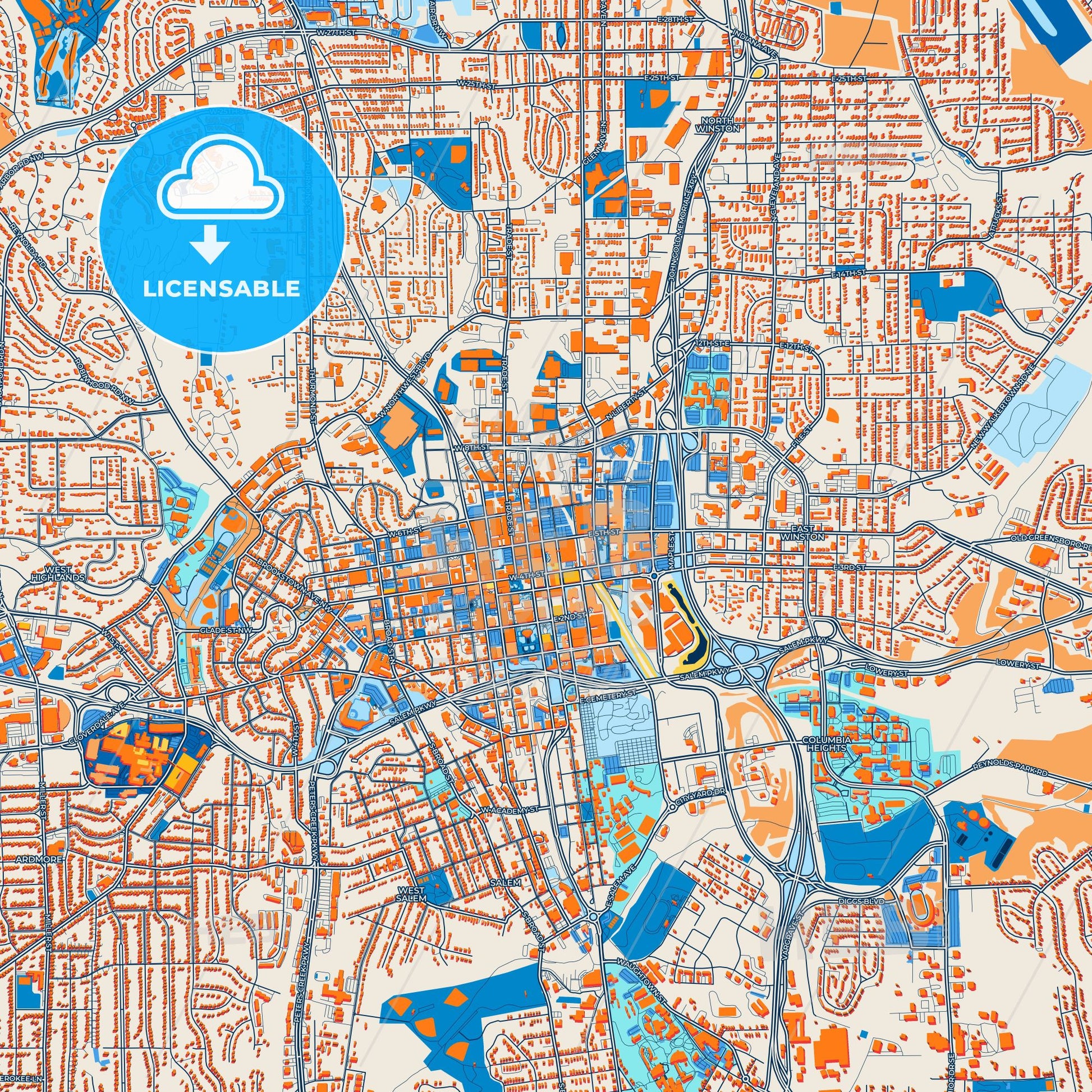Colorful Winston–Salem Street Map with Labels and Buildings