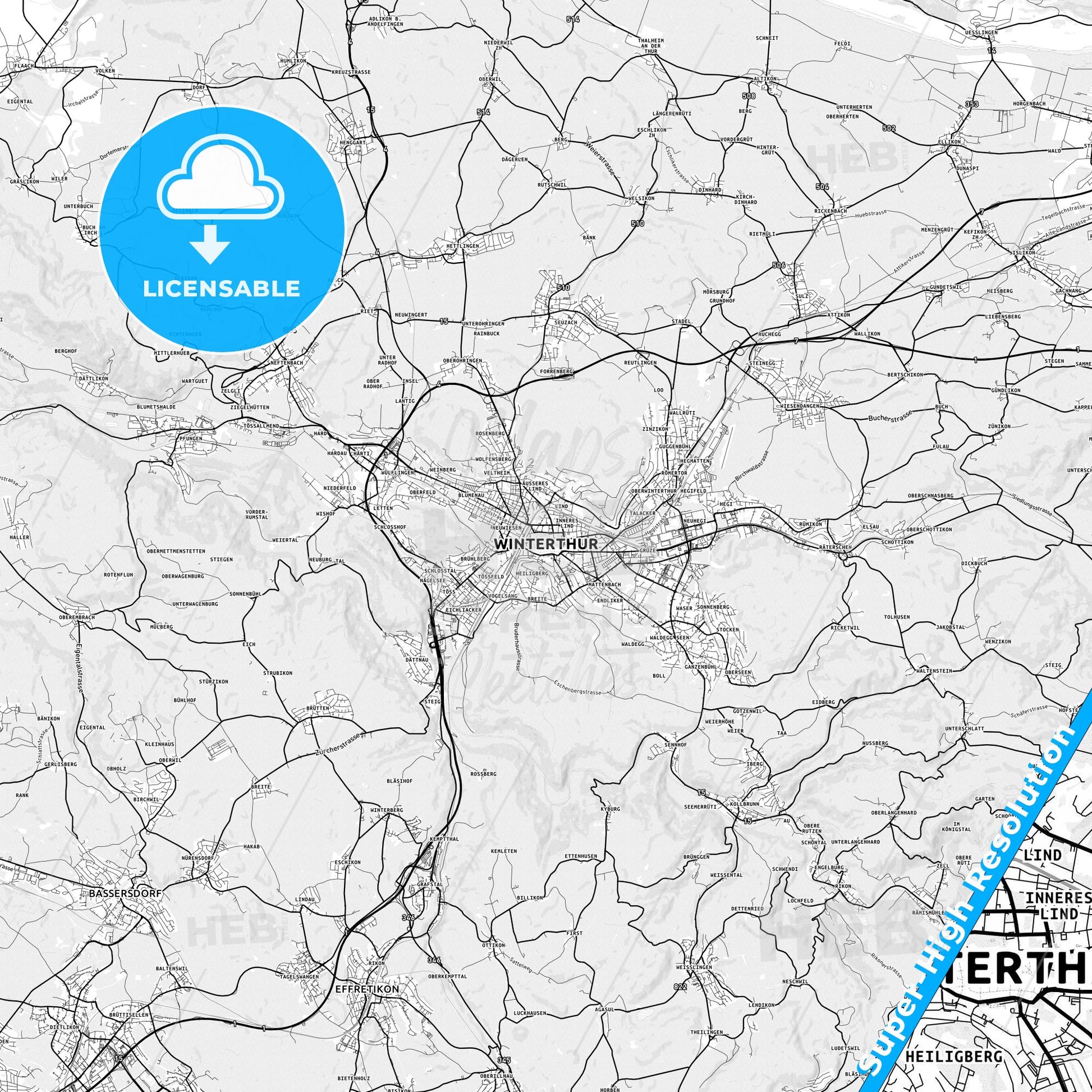 Winterthur, Switzerland light map with streetnames, citynames and districts