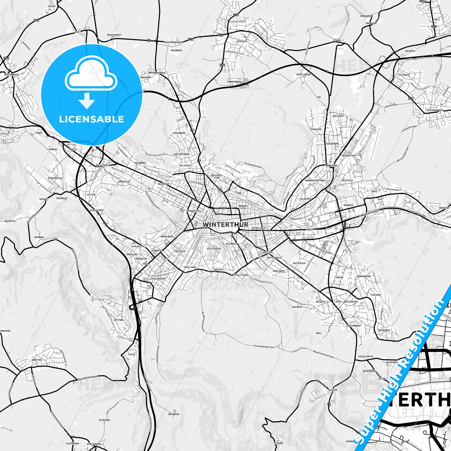 Winterthur, Switzerland Light Map with Street Names, City Names, and Districts