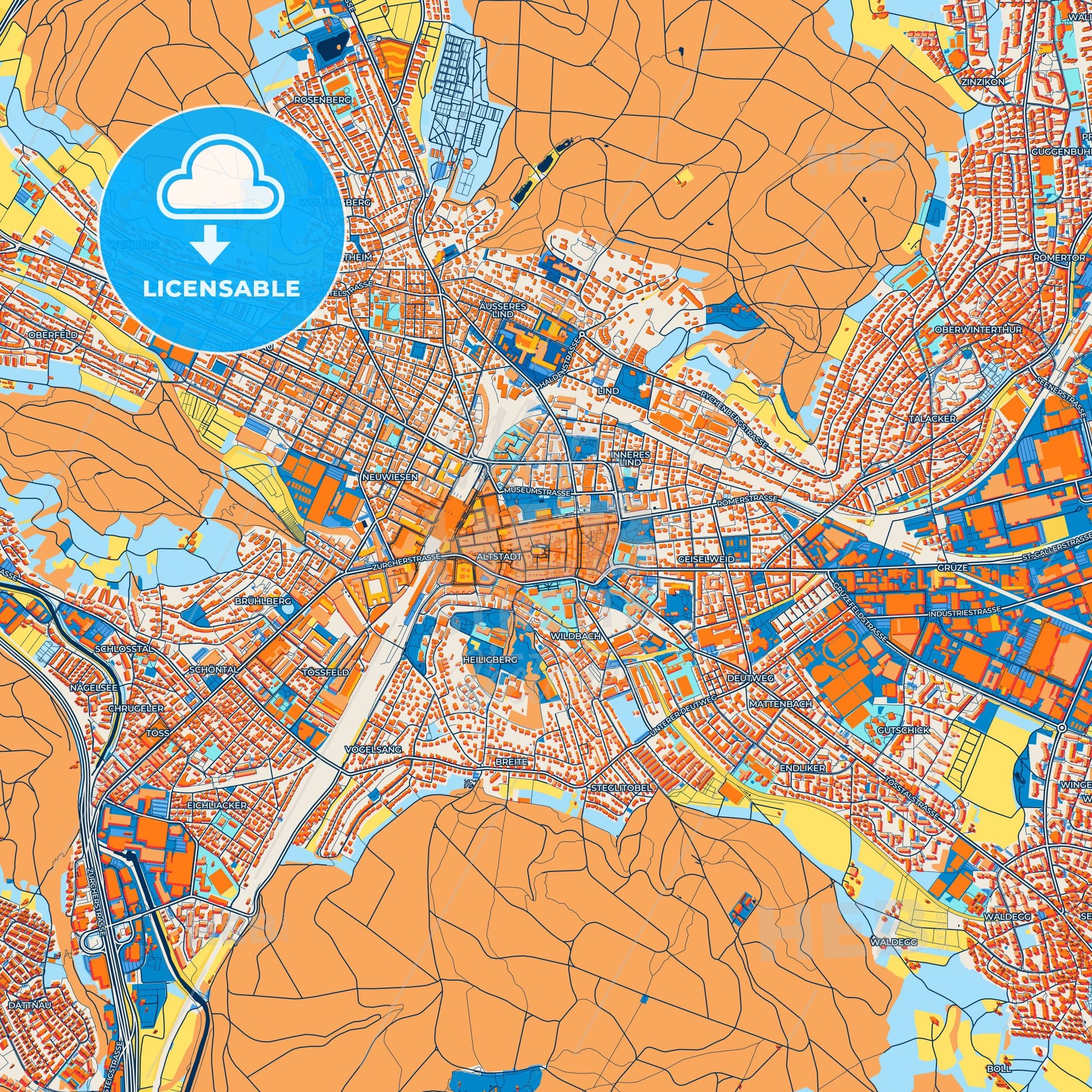 Colorful Winterthur Street Map with Labels and Buildings