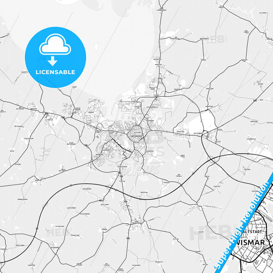 Wismar, Germany light map with streetnames, citynames and districts