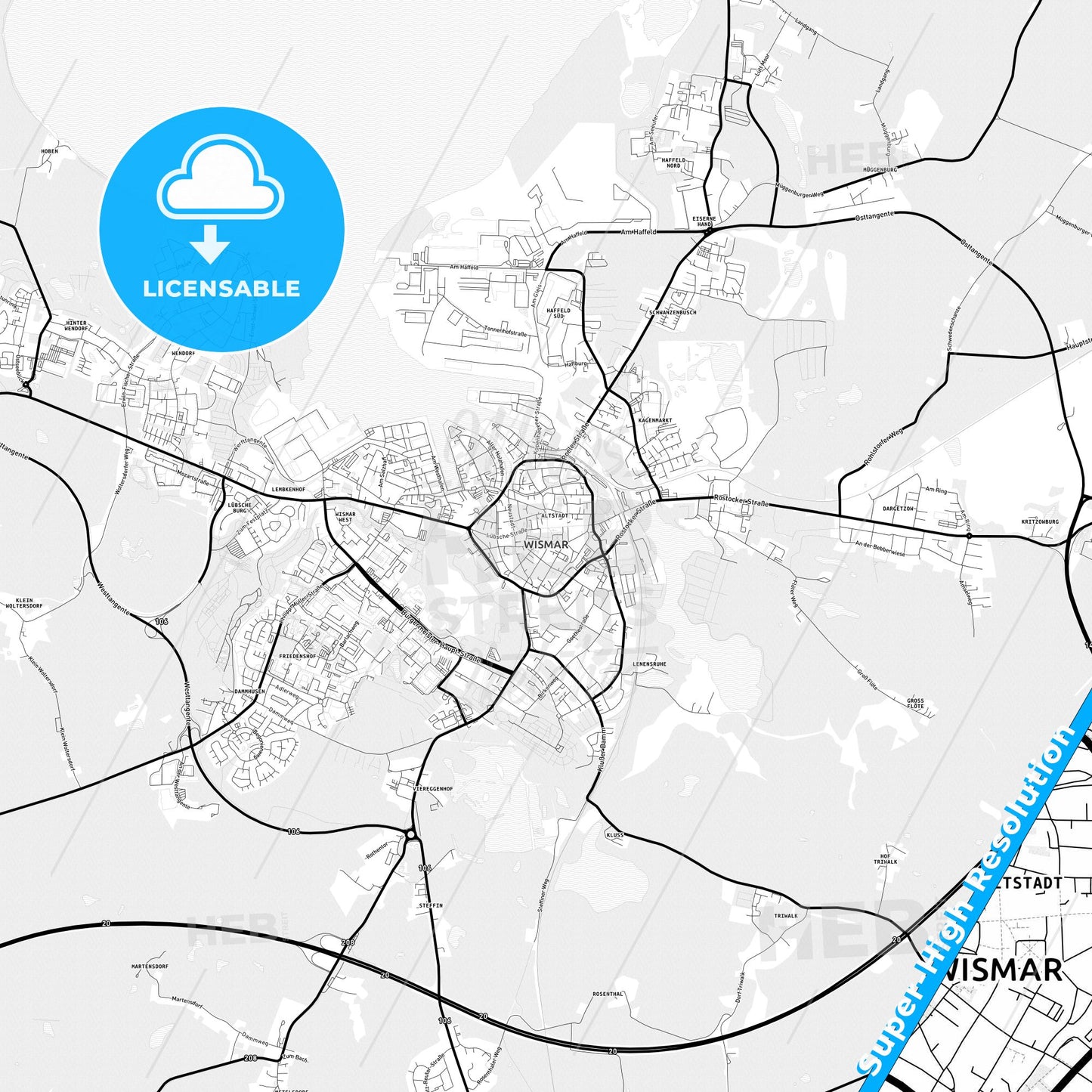 Wismar, Germany Light Map with Street Names, City Names, and Districts