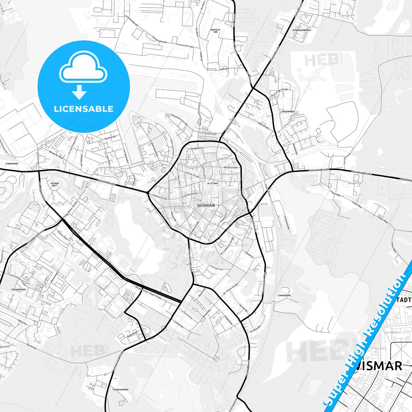 Wismar, Germany Light Map with Street Names, City Names, and Districts