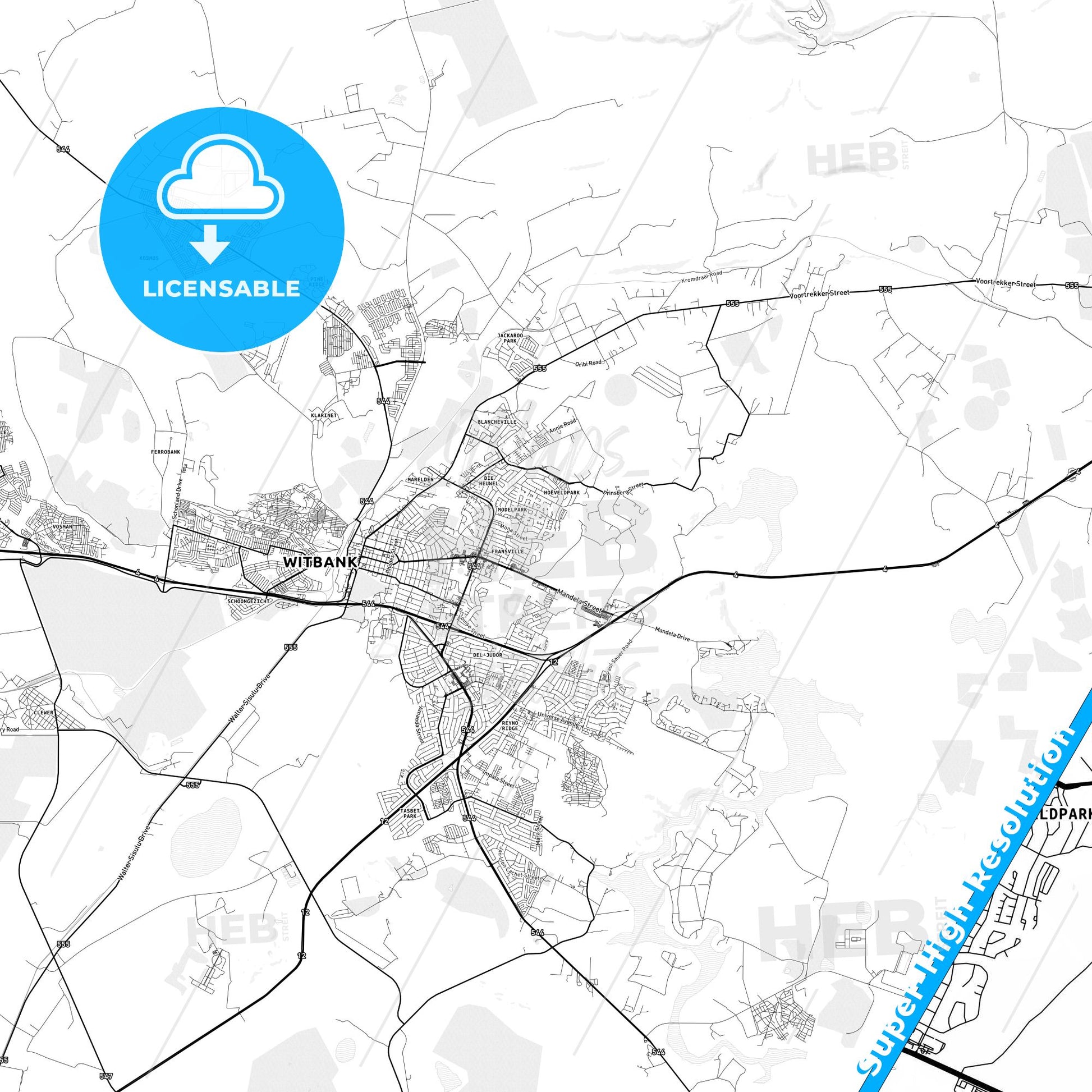 Witbank, South Africa light map with streetnames, citynames and districts