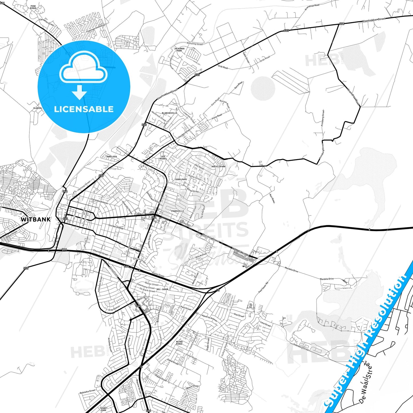 Witbank, South Africa Light Map with Street Names, City Names, and Districts